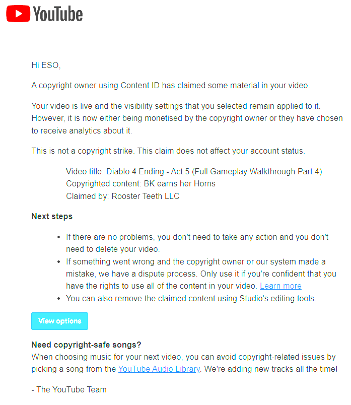 eso_danny's tweet photo. Why is Rooster teeth copyright claiming the revenue my Diablo 4 live streams on YouTube.

They seem to think that they own the rights to the Diablo 4 cinematics 😂

@RoosterTeeth can you withdraw your false claims. https://t.co/4tFxGmVHz4