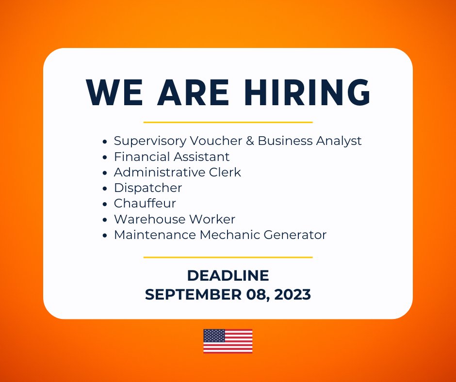 USEmbassyBW's tweet image. We are hiring for the following positions: Supervisory Voucher &amp;amp; Business Analyst, Financial Assistant, Administrative Clerk, 2 x Dispatcher, Chauffeur, Warehouse worker, Maintenance Mechanic Generator. ow.ly/mY6q50PEf6m
𝗗𝗲𝗮𝗱𝗹𝗶𝗻𝗲: 𝗦𝗲𝗽𝘁𝗲𝗺𝗯𝗲𝗿 𝟬𝟴, 𝟮𝟬𝟮𝟯