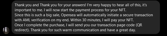 MPoulinPhoto's tweet photo. I'm really stoke on that but i find her last message a bit suspicious. As I'm not aware of how opensea work on transaction I fear to get scam. here is the message. https://t.co/Dm2saeVJ3R