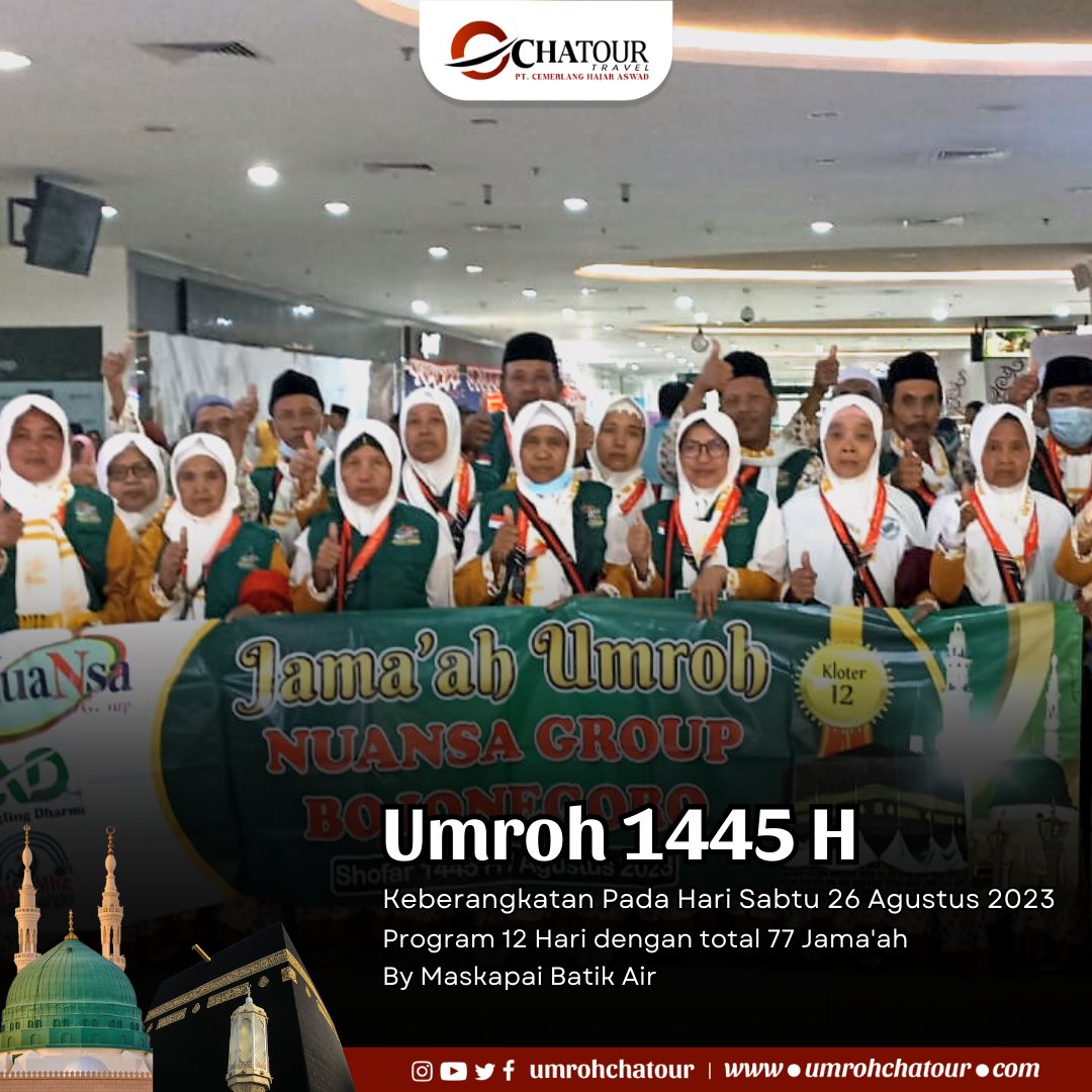 umrohchatour's tweet photo. Alhamdulillah Masya Allah
Keberangkatan Jama'ah Umroh Chatour Travel pada Hari Sabtu, 26 Agustus 2023 program 12 Hari dengan total 77 Jama'ah by Maskapai Batik Air.
#chatourtravel #chatourtravelsurabaya #panglimagroup #CerdasHematAmanah #hajj #haji #umrohterpercaya #umrah https://t.co/fFR5vFnZp8