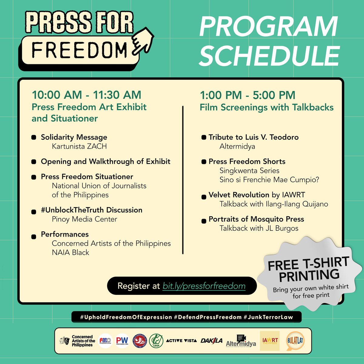 altermidya's tweet photo. Art Exhibit + Film Screening on National Press Freedom Day! π¨π¬
August 30 is #NationalPressFreedomDay! Kaya tara at samahan niyo kami sa #PressForFreedom, isang buong araw na selebrasyon at talakayan tungkol sa kalayaan sa pamamahayag sa bansa.
Kitakits dahil bukod sa libreng art exhibit at film screening, may free shirt printing (just bring your own white shirt) at free photo booth din!
π SIKAT, 305 Tomas Morato Ave, Quezon City
ποΈ August 30, 2023
π 10:00 AM - 5:00 PM
ποΈ Register here: https://t.co/CfPnXBhqev
#UpholdFreedomOfExpression #DefendPressFreedom #JunkTerrorLaw
---
This event is organized by:
Altermidya
National Union of Journalists of the Philippines
DAKILA
Active Vista
Concerned Artists of the Philippines
International Association of Women in Radio and Television - PH
College Editors Guild of the Philippines
Union of Journalists of the Philippines - UP
Pinoy Weekly
Pinoy Media Center
Bulatlat