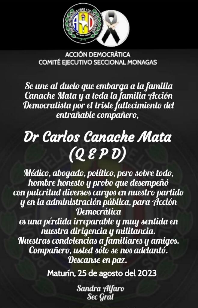 sandraalfaro's tweet photo. #25Ago23 #SandraAlfaro Mis condolencias a los familiares y amigos de nuestro querido compañero compañero CARLOS CANACHE MATA (QEPD) quien falleció el día de hoy, para nosotros los #ADecos, una pérdida irreparable, fue reconocido por su honestidad en el desempeño público. https://t.co/ZOziAOoFqP