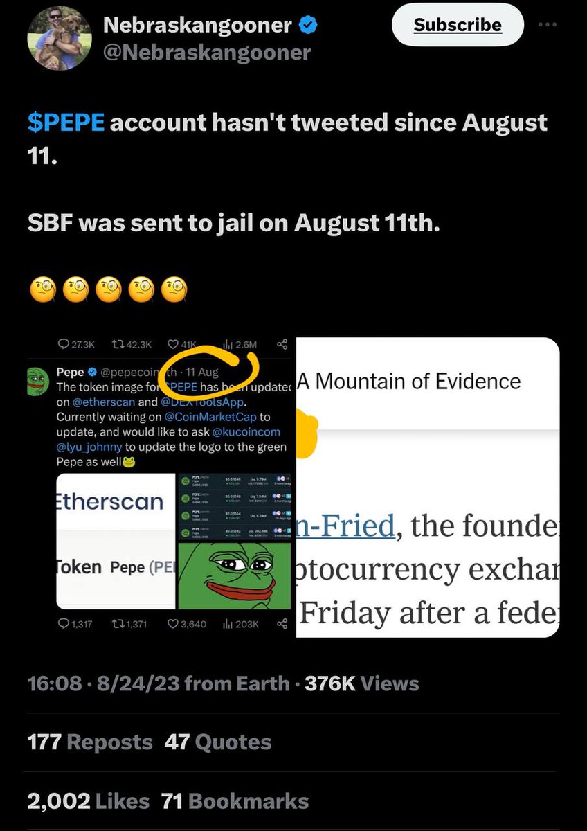 Rich7Ha's tweet photo. Tài khoản $PEPE đã không tweet kể từ ngày 11 tháng 8.

SBF bị đưa vào tù vào ngày 11 tháng 8. 😂😂😂

🧐👀 https://t.co/VGlxB9Jxyj