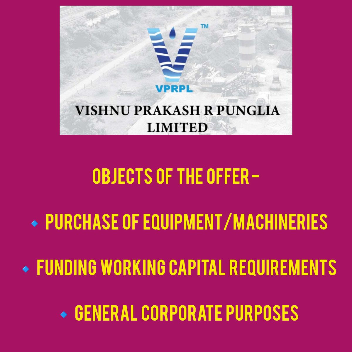 subbu2u83's tweet photo. #IPOAlert
#IPO
#investing #investment #StockMarket #ipoinfocus
#vishnuprakash
#VPRPL_IPO
Highlights of Vishnu Prakash IPO ๐
@kuttrapali26
@MarketScientist @Stock_Precision @ScholarTrading https://t.co/StjqqUsHIP