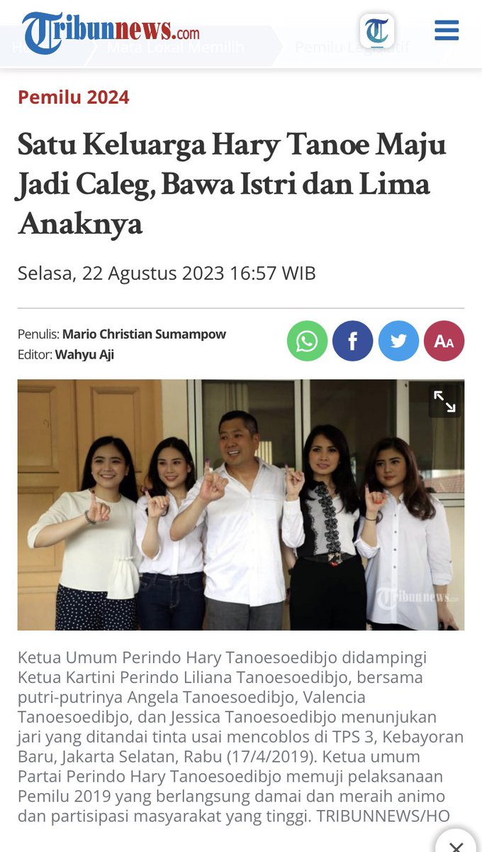 Di berita ini, ada 5 anak dari Hary Tanoe yang ikut jadi caleg. Jadi ada total 7 orang caleg dari keluarga (inti) Hary Tanoe.

Modal? Jangan ditanya.

Kita bayangkan andai 7 orang caleg ini terpilih semua. Bakal ada 7 orang sekeluarga di Gedung DPR RI.

Bayangkan lagi jika 100