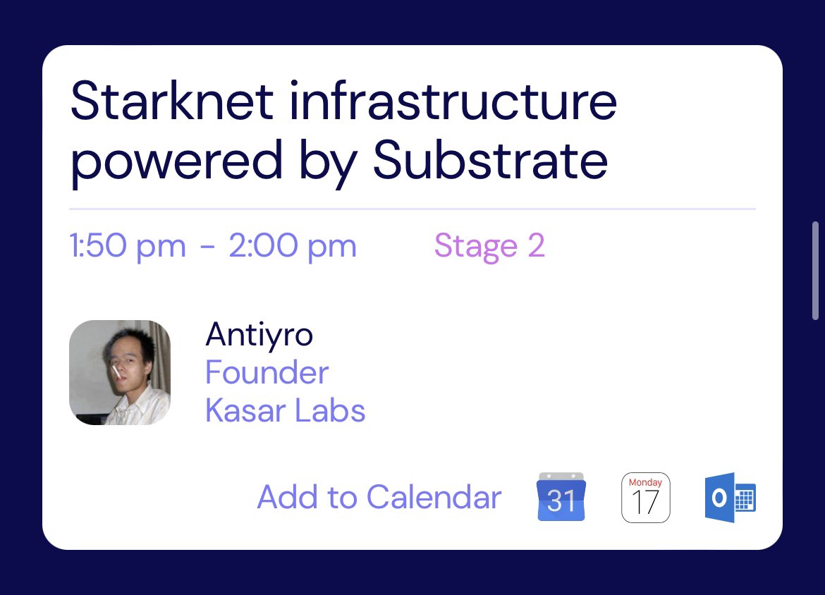 Add it to your calendar! 🫵 I'll be discussing what the powerful Substrate framework from <a href="/paritytech/">Parity Technologies</a> can unlock on <a href="/Starknet/">Starknet (BTCFi arc) 🥷</a> ⚡️

➡️ summit23.starknet.io/agenda