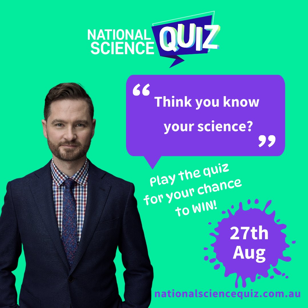 Join up. Play. Win! 
nationalsciencequiz.com.au
Sun, 27 August 2023 3:30 pm AEST, The Capitol, Melbourne CBD or livestream online. 
Tickets available (Under 18s Free!) for The Capitol live audience. 
Register to play &amp; for online live stream link.
<a href="/charliepick/">Charlie Pickering</a> <a href="/SciNate/">Nate Byrne</a> <a href="/mathemaniac/">Simon Pampena</a>