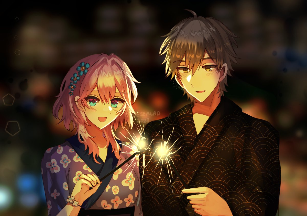 japanese clothes fireworks kimono pink hair 1boy sparkler smile  illustration images