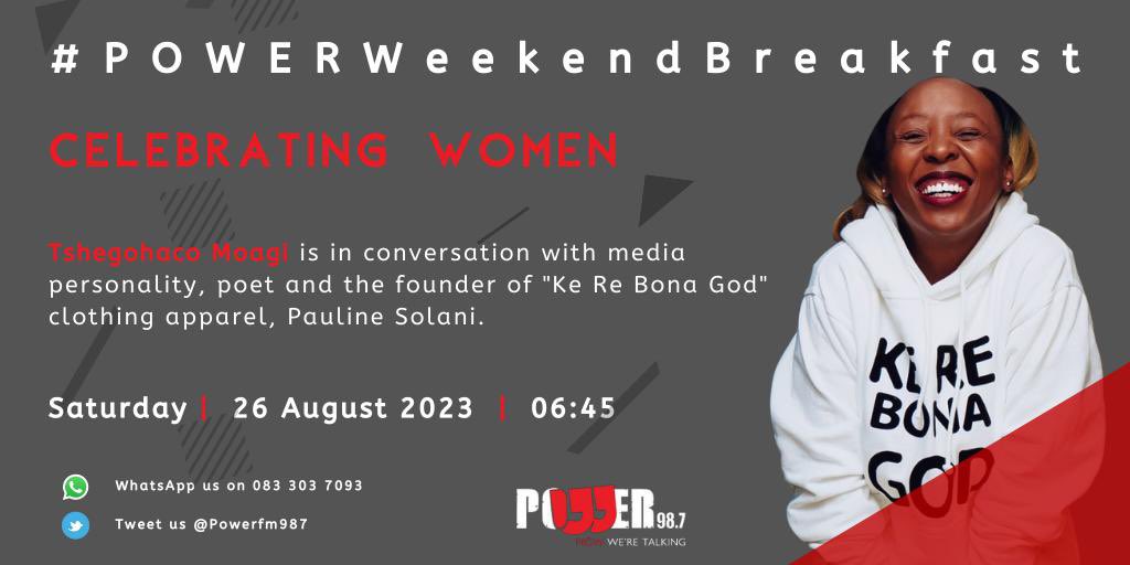 Powerfm987's tweet photo. [ON AIR] #CelebratingWomen

“Ke Re Bona God” clothing apparel.  The inspiration for this clothing brand stems from John 1:36. 

@TshegoMoagi_ is in conversation with media personality, poet, and the founder of “Ke Re Bona God”, Pauline Solani. @KerebonaGod.
We find out more about her brand, as well as her journey. 

#POWERWeekendBreakfast 🎙️