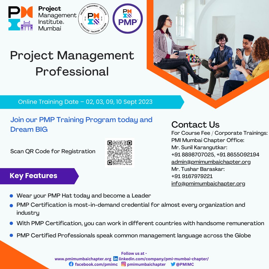 PMIMC's tweet photo. Register Now For Online PMP Training on 2nd, 3rd, 9th &amp; 10th September 2023.
For Registration &amp; more details click on Below link
https://t.co/WP1aEn3ebK

#pmimumbaichapter #pmi #projectmanagementtraining #pmimumbai #projectmanagementcertification #atp #authorizedtrainingpartner https://t.co/72vNB1DERs