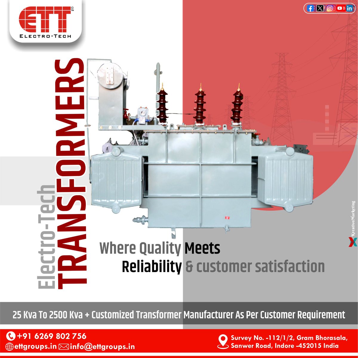 ElectroTechTra1's tweet image. Dedicated to delivering customer satisfaction through ETT's quality-driven transformers.

ettgroups.in
contact now :- 6269802756
#ELECTROTECH #MPEBIndore #MSEDCL #grid
#powertransformer #technology
#power #powerdistribution
#customtransformers