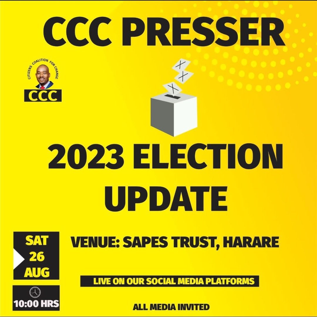 CCC PRESSER @ 10:00 am Today🇿🇼

#ZimDecides2023
#ZimbabweElections2023
#TakaNoVoter
#Godisinit
#ItsNowOrNever