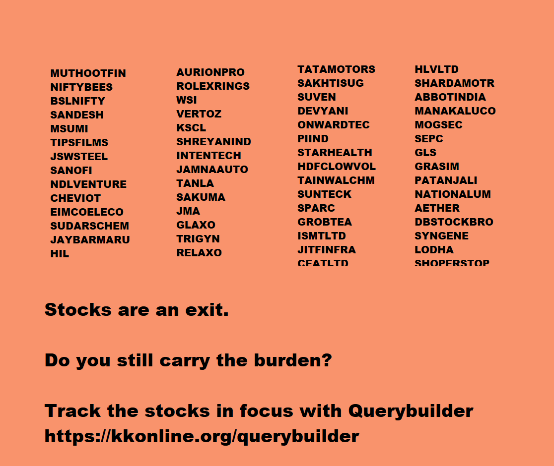 krishnakhanna's tweet photo. Stocks are an exit.
Do you still carry the burden?
Track the stocks in focus with #Querybuilder
https://t.co/80BJQAii8w @Deishma #NimblrTA https://t.co/SKVjRRxwPW