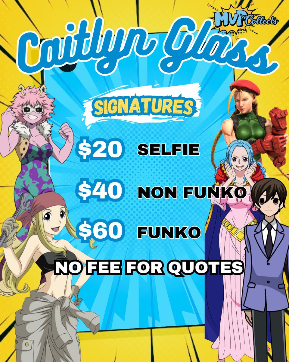 mvpcollect's tweet photo. Prices for Caitlin Glass for this upcoming signing.
Get your tickets now!
⚠️https://t.co/CvgfBeTb7O ⚠️
📍316 East 2nd street Floor A
Los Angeles, CA 90012
#funkopop #funkonatics #FullmetalAlchemist #OnePiece #haruhi #MyHeroAcademia #mvpcollects https://t.co/JbvIo9pNjg