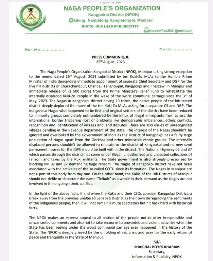 #manipurupdate: Naga People's Organization vehemently objects to the 10 Kuki-Zo MLAs' request for the designation of distinct Chief Secretary and DGP for the five hill districts of Manipur.

#ManipurViolence #ManipurHoror #manipurincident  #ManipurOnFire #ManipurIsBurning