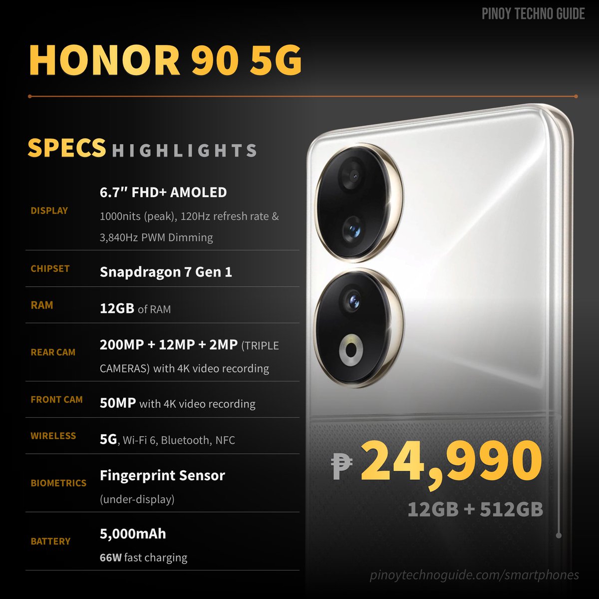 The HONOR 90 5G is now available in stores ✨

Here are its specs highlights.

full specs:
pinoytechnoguide.com/smartphones/ho…

review:
youtube.com/watch?v=-2vDav…

#HONOR905G #200MPFlagshipCamera