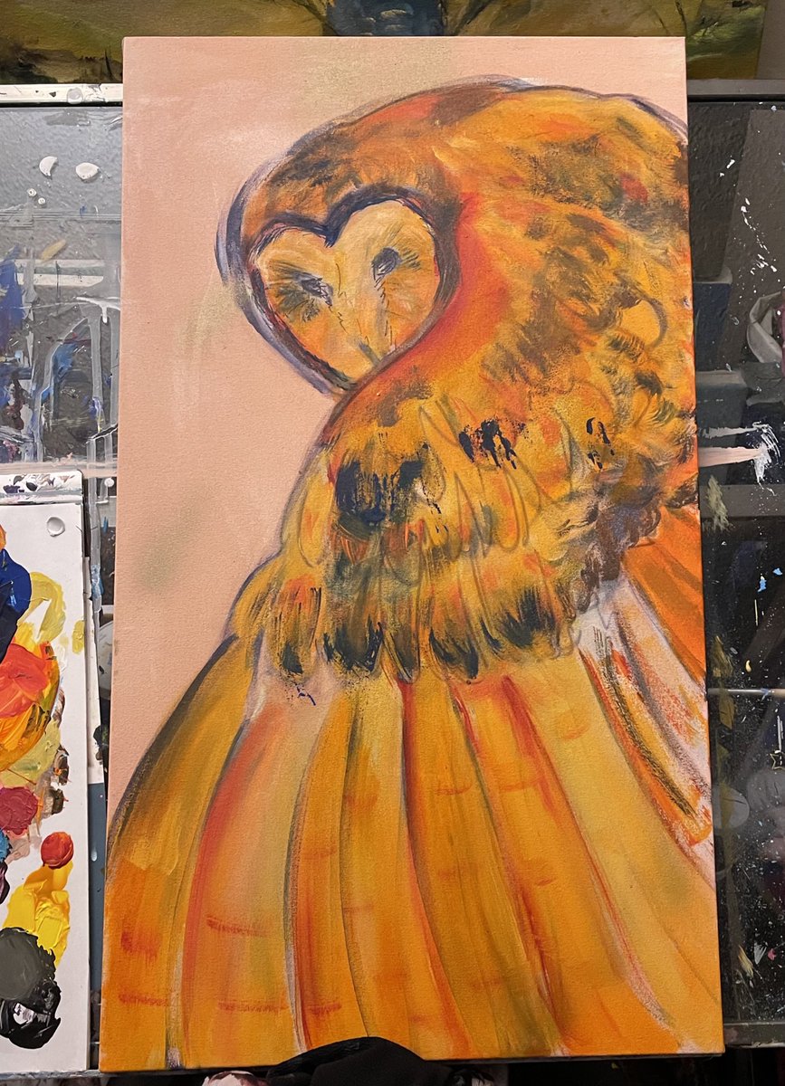 Chellynnart's tweet photo. WIP Shot of my Wings of the Tyto Piece

Added a vibrant orange that will hope to serve as the undertone for it’s true color palette: earthy browns and steampunk-inspired metallic tones~ ✨

#chellynnart #wip #painting #art #acrylic #owl #vibrantcolors https://t.co/DHkLKBTkZH