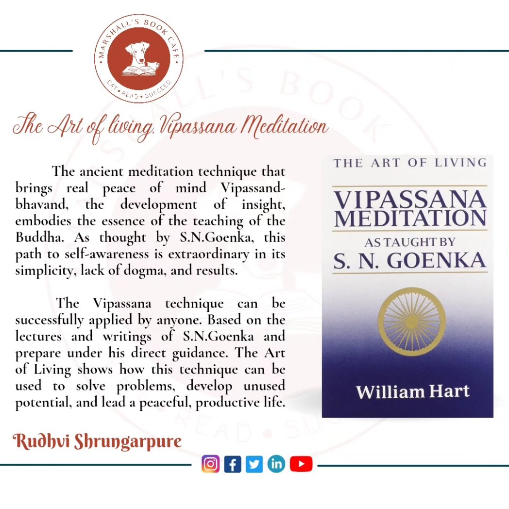 marshallsbookc1's tweet photo. Book Review: 10

Book Name: The Art of Living, Vipassana Meditation 

Author: William Hart 

Language:English

Review By: @rudh_2000

Please go ahead if anyone wants to write a book review regarding any book in our cafe.

We will post your review on our social media platform. https://t.co/pjJgKMbPyi