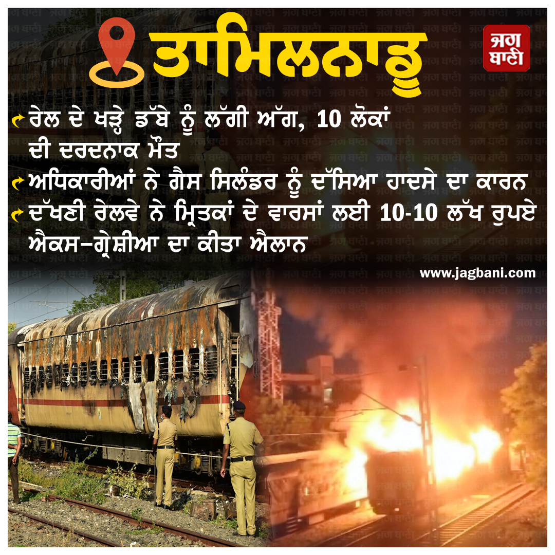 JagbaniOnline's tweet image. ਤਾਮਿਲਨਾਡੂ: ਰੇਲ ਦੇ ਖੜ੍ਹੇ ਡੱਬੇ ਨੂੰ ਲੱਗੀ ਅੱਗ, 10 ਲੋਕਾਂ ਦੀ ਦਰਦਨਾਕ ਮੌਤ

#TamilNadu #8PersonsKilled #TrainFire #Jagbani