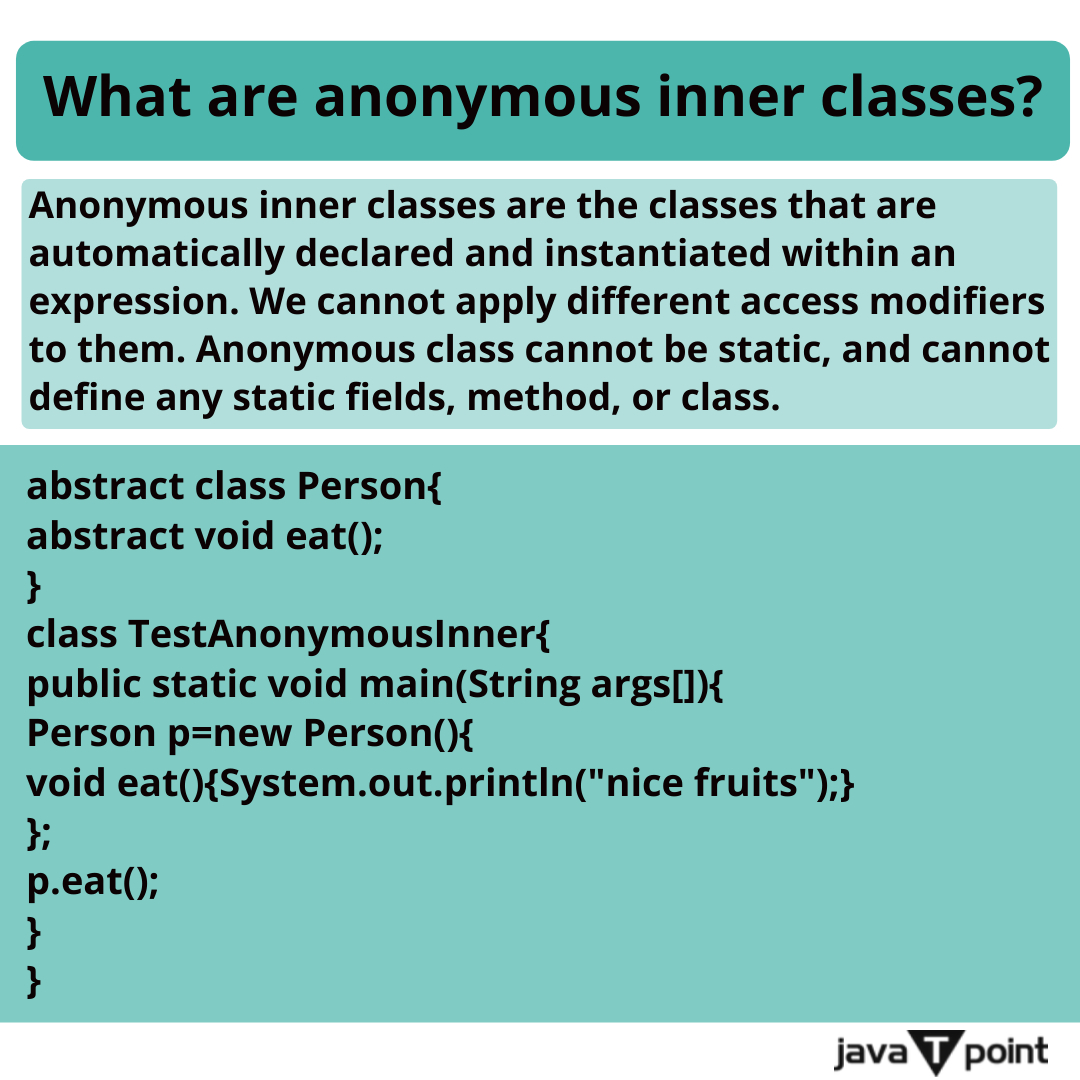 Bhavana83491661's tweet photo. What are anonymous inner classes?
.
.
.
.
For more questions about Java
https://t.co/W2RpWX033x
Check the above link
.
.
.
.
#javaanonymousinnerclass #nestedinterface #garbagecollector #javainnerclass #string  #javatpoint https://t.co/QF1GGz7tMW