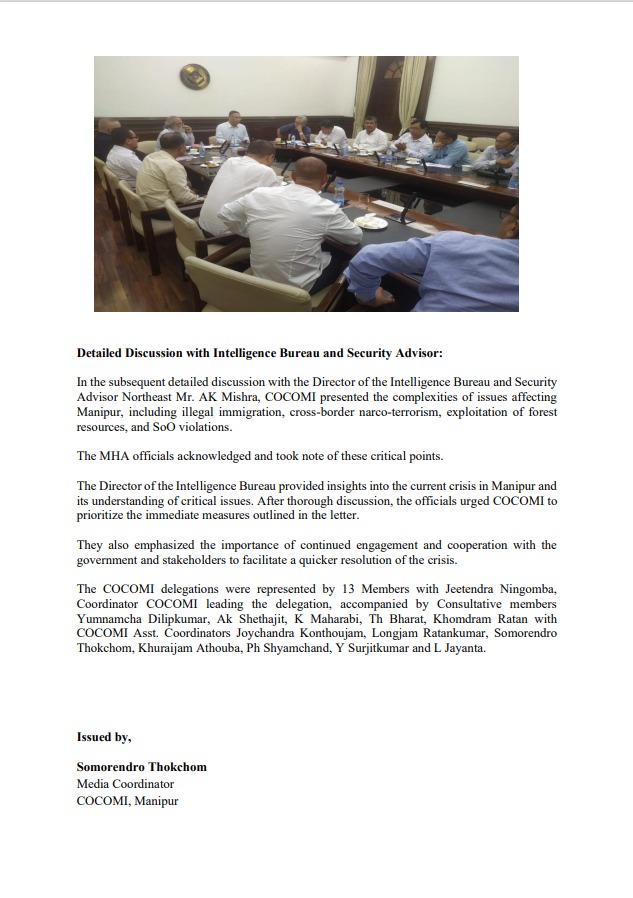 At 10:30 a.m. on August 25, 2023, the Coordinating Committee on Manipur Integrity (COCOMI) convened a meeting with Union Home Minister Shri Amit Shah at his official residence in New Delhi.

#ManipurViolence #ManipurHoror #manipurincident #ManipurOnFire #ManipurIsBurning #Manipur