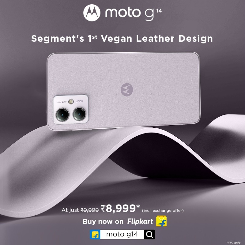 motorolaindia's tweet photo. #motog14 special edition, in Pale Lilac, crafted with luxurious vegan leather that epitomises sophistication. Luxuriate in its smooth texture that's resistant to fingerprints and exudes an air of premium opulence.#HatkeStyle #HatkeEntertainment
