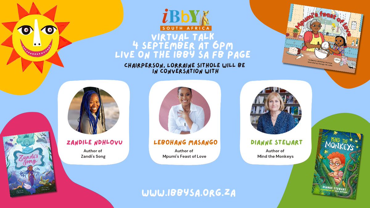 IBBYSA (@ibbysouthafrica) on Twitter photo Join us on Monday | 4 September | 18h00 on the IBBY SA Facebook page bit.ly/44mvpkh
<a href="/Zandithemermaid/">Zandile Ndhlovu</a> <a href="/PanMacKids/">Pan Macmillan Kids SA</a> <a href="/LS3841/">Lorraine Sithole</a> <a href="/PenguinKidsSA/">@PenguinKidsSA</a> <a href="/LebohangWrites/">Lebohang Masango</a> Join us on Monday | 4 September | 18h00 on the IBBY SA Facebook page bit.ly/44mvpkh
<a href="/Zandithemermaid/">Zandile Ndhlovu</a> <a href="/PanMacKids/">Pan Macmillan Kids SA</a> <a href="/LS3841/">Lorraine Sithole</a> <a href="/PenguinKidsSA/">@PenguinKidsSA</a> <a href="/LebohangWrites/">Lebohang Masango</a>