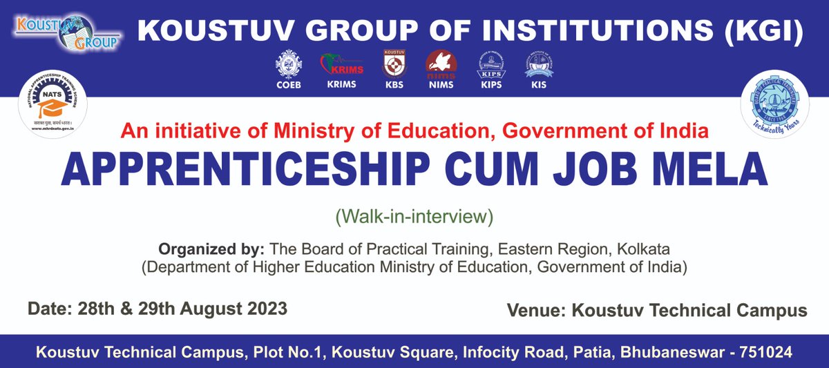 PsarathiGhosh's tweet photo. The College of Engineering Bhubaneswar (COEB) is gearing up to host a significant event, "Mega Apprenticeship Cum Job Mela" at the Koustuv Technical Campus t. Over 20 reputed companies are expected to participate in this event. https://t.co/wsELENKGbp