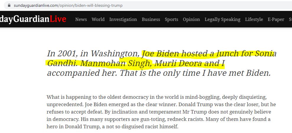 9. In 2000 SB Shreekumar transferred to Gujarat Police 

10. In 2001 Sonia Gandhi Visited the USA and Joe Biden hosted a lunch for her. Clinton and Biden both belong to the Democratic party.