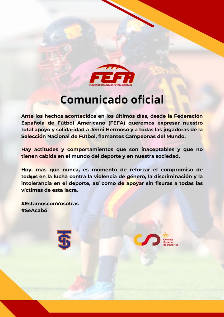 FEFA_Spain's tweet photo. 🏈 COMUNICADO OFICIAL @FEFA_Spain

#SeAcabó #EstamosConVosotras 
#ConéctatealFootball🏈 https://t.co/xBiI8MLvH6