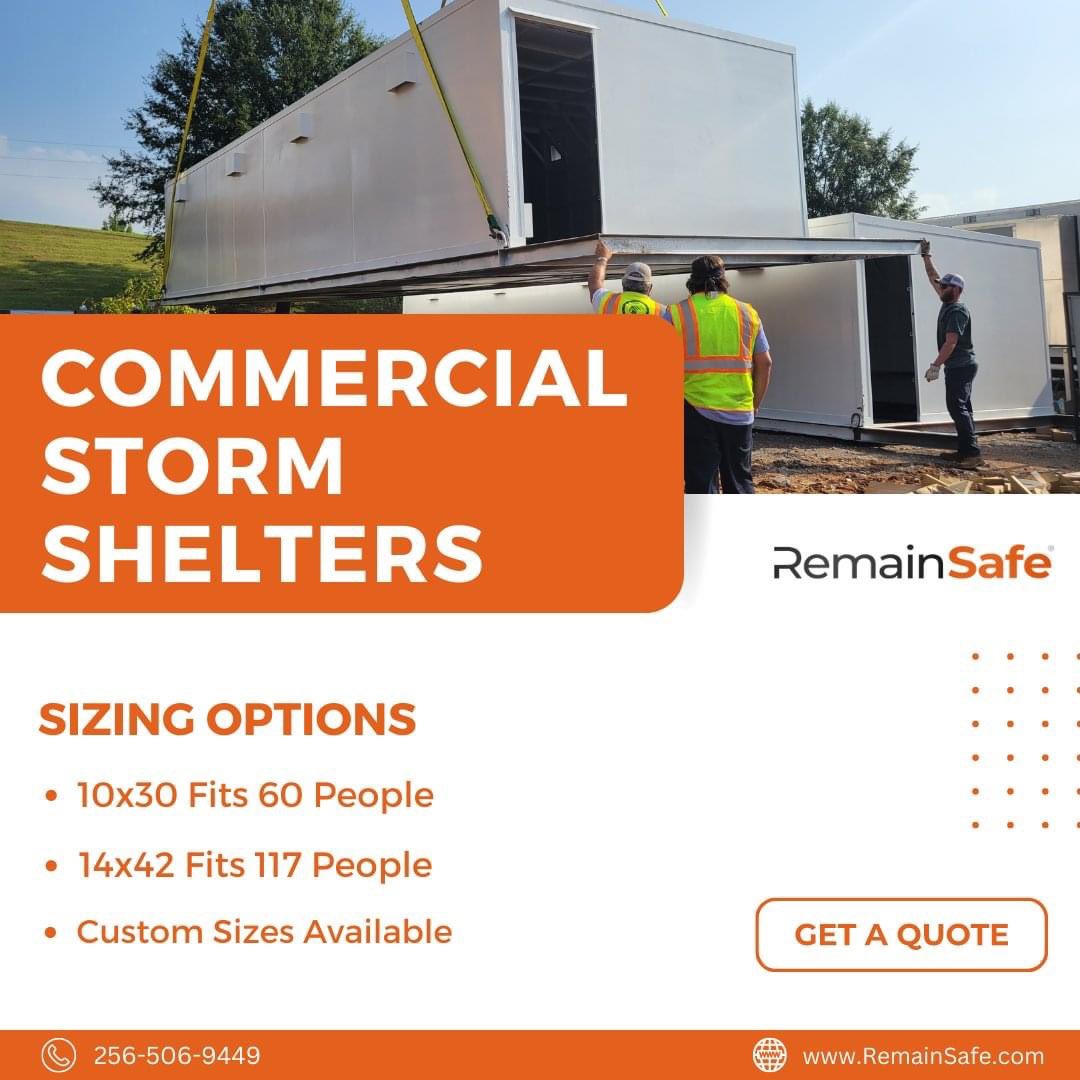 RemainsafeL's tweet photo. RemainSafe Commercial Shelters are built to withstand the toughest storms with reinforced materials that provide maximum durability.

Visit https://t.co/iaPx4M9SPr to learn more. 

#remainsafe #severeweather #safetyshelter #stormshelter #tornadoshelter #tornado #weather https://t.co/d1wcQTO2DO