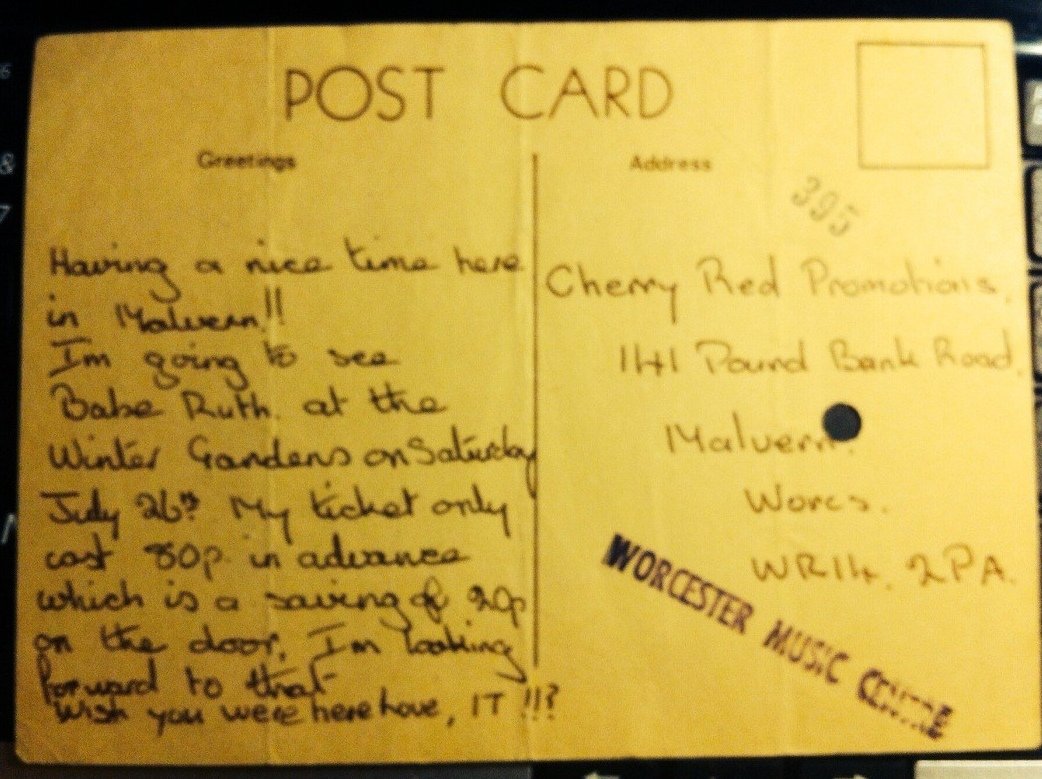 BluesmanMikeF's tweet photo. Alas don't have a photo actually with the late great @Bernie_Marsden but do have souvenir ticket postcard from Malvern Winter Gardens Worcs from my youth on 1st time I encountered him with @jenny_haan & Babe Ruth. What a gig it was & an amazing career he had.. #RIPBernieMarsden https://t.co/4tcyrcscqw