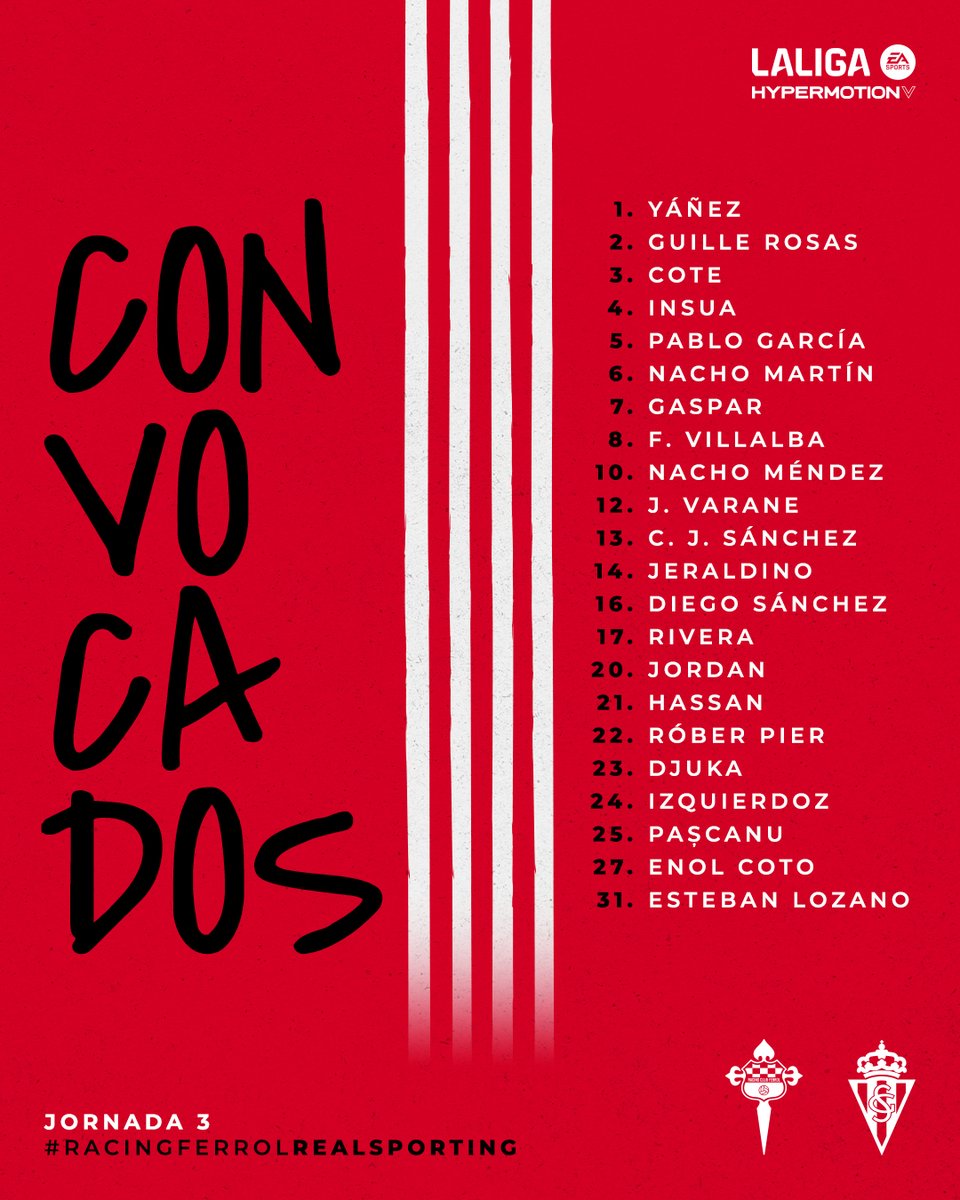 🔢 Lista de convocados. 

#RacingFerrolRealSporting
#LALIGAHYPERMOTION