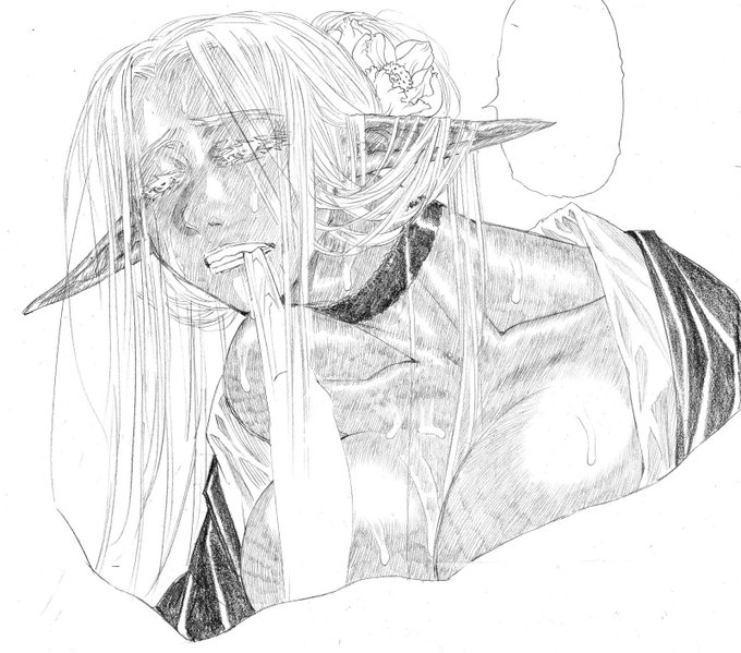 夏コミの喪服ダークエルフ女教師本ですが、かなり慎重に肌に斜線を入れたのですが、やはり表情が潰れる…。表情が見えにくくなると思って血の涙を流して今回は眼鏡なしで描いたのですが、眼鏡描いたほうがかえって表情がわかりやすくなったかも…。ううん、ダーエルの肌表現はまだ道半ば…。 