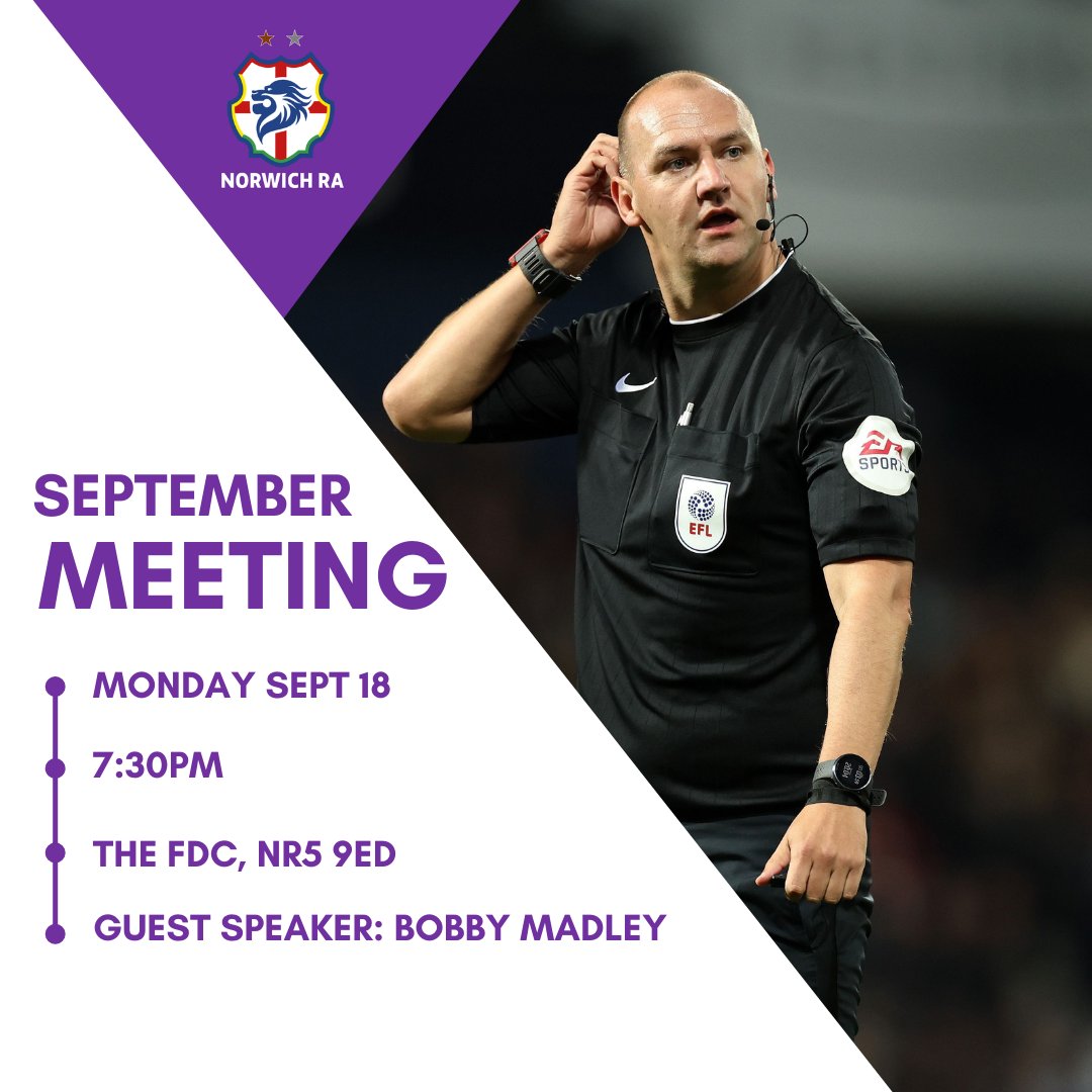 We're delighted to confirm EFL Championship referee @BMadley will be the guest speaker at our first meeting of the season next month.

Bobby will be appearing in person to deliver a session on the importance of resilience on and off the pitch. 

Details below - see you there!