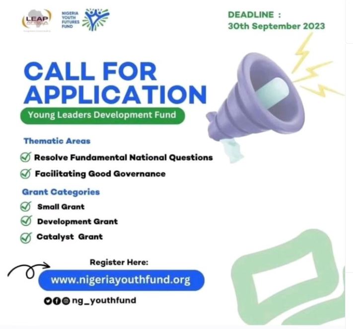 The Nigeria Youth Futures Fund is calling for applications for its Young Leaders Development Fund 2023/24 cycle.

Apply by September 30 
 Learn more at bit.ly/3E1ts27 #NigeriaYouthFuturesFund #EmpoweringChange #YouthImpact #funding #africa #youth #fundraising #grants