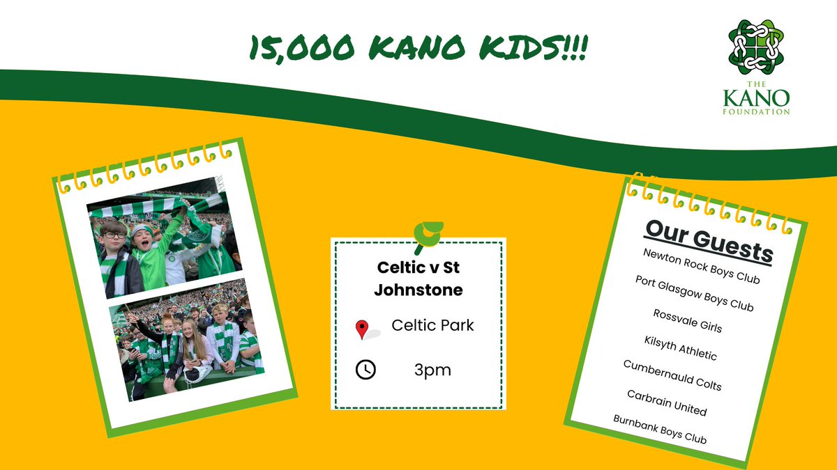 15,000 KANO KIDS! 

Today is a huge occasion for The Kano Foundation &amp; The Kano Kids as we bring our 15,000th kid to Celtic Park 🥳💚

We're joined by groups including <a href="/rossvalegirls/">Rossvale Girls</a>, <a href="/KilsythAth/">Kilsyth Athletic FC</a> &amp; <a href="/CarbrainboysAFC/">Carbrain Boys AFC</a> . 

 #KeepingFootballFreeForKids #Kano15k