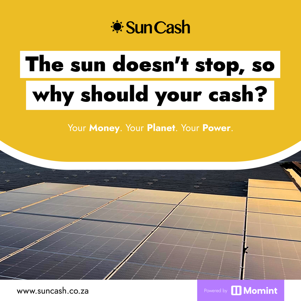 Momint_official's tweet photo. SunCash is transforming the renewable energy scene in South Africa, leveraging blockchain technology to democratize access to solar power and provide a secure, transparent platform for investment.

#SunCash #LoadsheddingSolutions #PassiveIncome https://t.co/moO46VNmlI