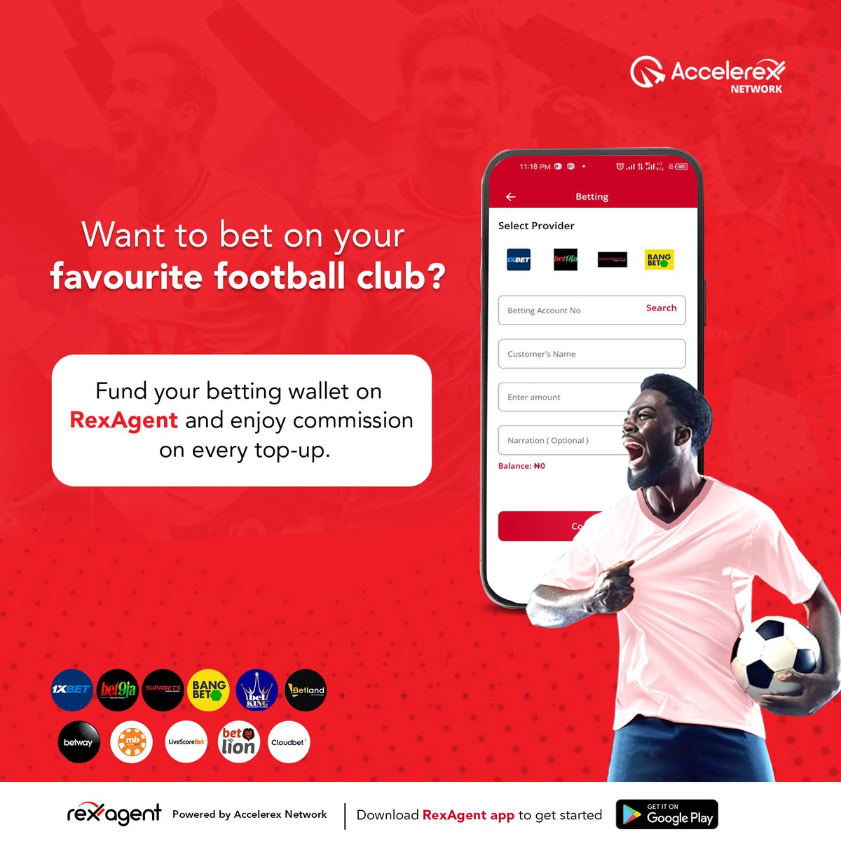AccelerexN's tweet photo. Passionate about your football club? Put your money where your loyalty lies! Fund your betting account on RexAgent today and earn commission on every top-up.

Click https://t.co/umTYVnqgdu to start funding and earning.

#Accelerex
#Accelerexnetwork
#RexAgent
#Footballbetting https://t.co/FsMpD61fL7