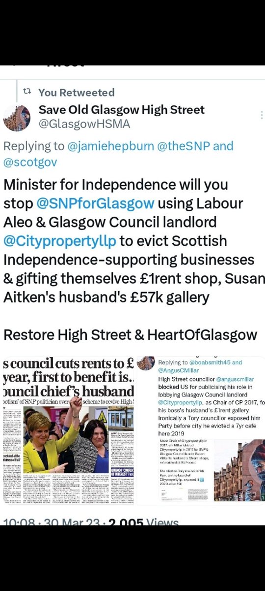 We got grief after exposing @SNPforGlasgow excluding us from High Street regen, their eviction of McCuneSmith, & shop I was evicted from gifted to Glasgow School of Art for £1rent along with SNP & Green pals who took High Street £1rent MeanwhileSpace units 

Everyone sees now