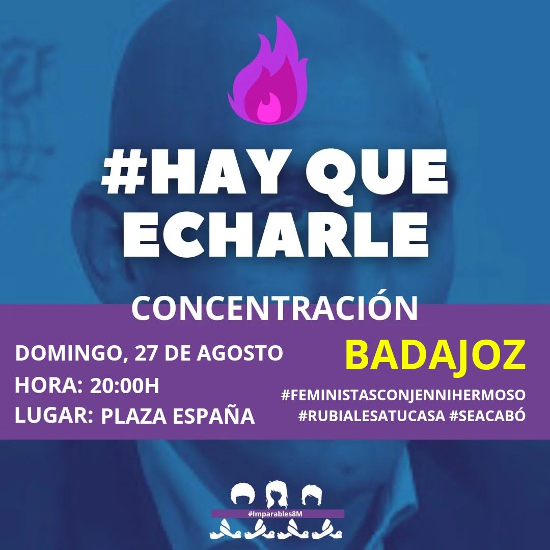 🔥 COMPAÑERAS! 
El movimiento feminista sale a la calle estos días para exigir el cese de Rubiales y para gritar que aquí estamos las feministas con Jenni Hermoso y con todas. 
🟣 Domingo, a las 20h en Plaza España

#Seacabó #Rubialesatucasa
