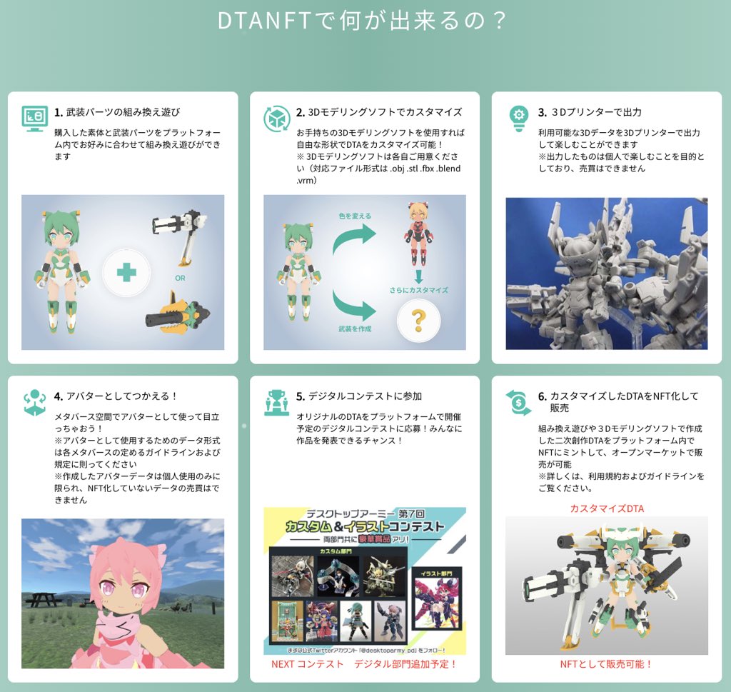 desktoparmy_nft's tweet photo. 【NEWS】  
今回 #メガホビEXPO2023 に合わせて、#デスクトップアーミー NFTについてのランディングページ(LP)を公開いたしました！

🔋NFTになると何ができるようになるの？
🔋3Dデータの形式は？
🔋メタバース空間でも使える？ 
等々まとめています！ぜひご覧ください🪖

➡️ https://t.co/Fh20wH2tby https://t.co/colqXpwgsq