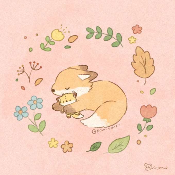 ボタニカルなもふもふきつねBotanical fluffy fox :3#動物イラスト #illustration 