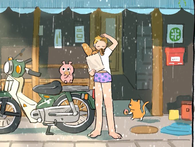 お天気雨がすぎるのを待つのは楽しい。 パンを持ってたらもっと楽しい