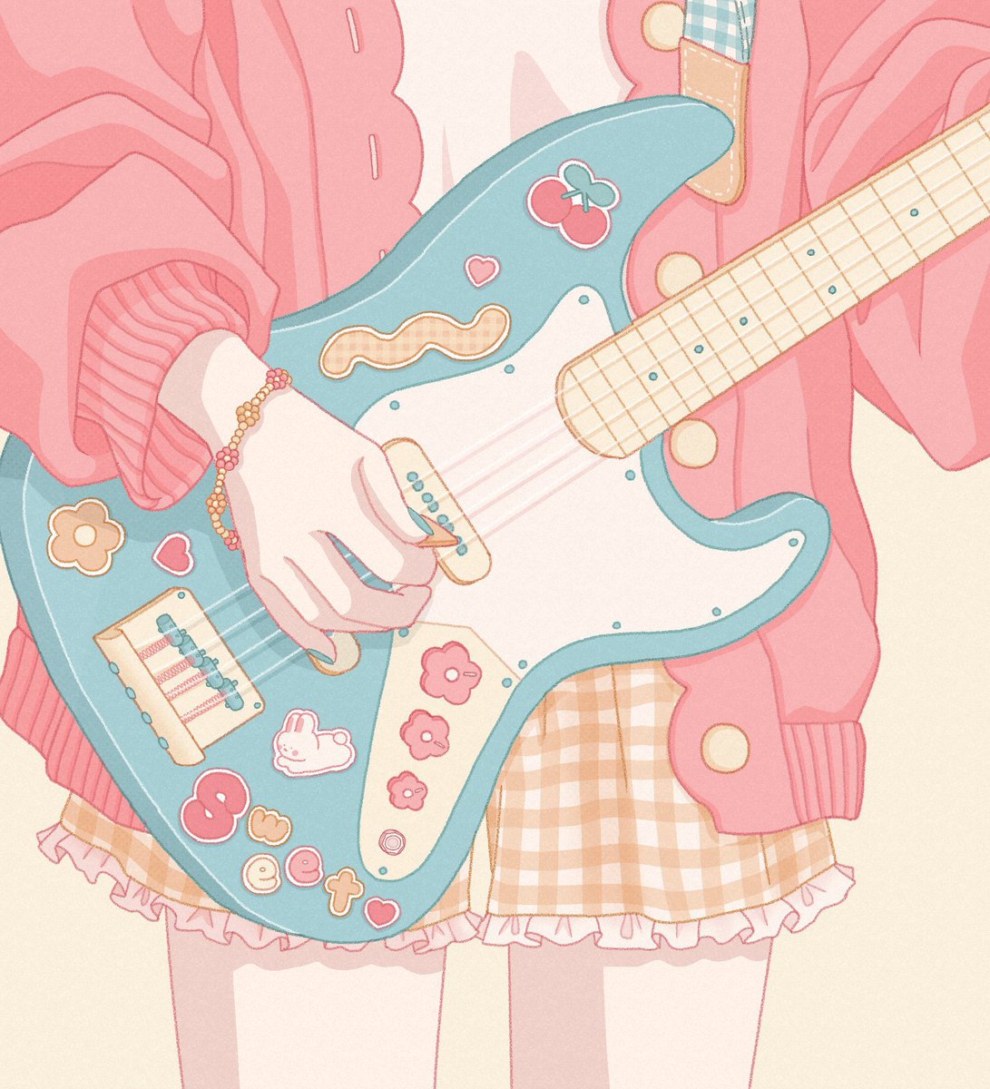 1girl solo skirt pink skirt plaid socks food  illustration images