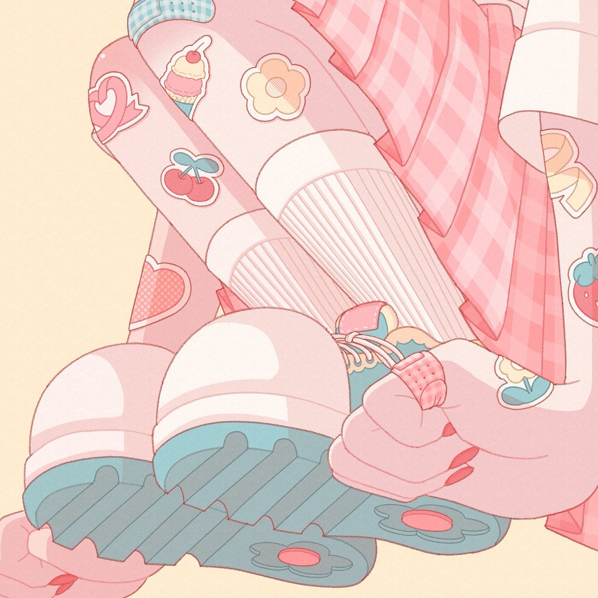 1girl solo skirt pink skirt plaid socks food  illustration images