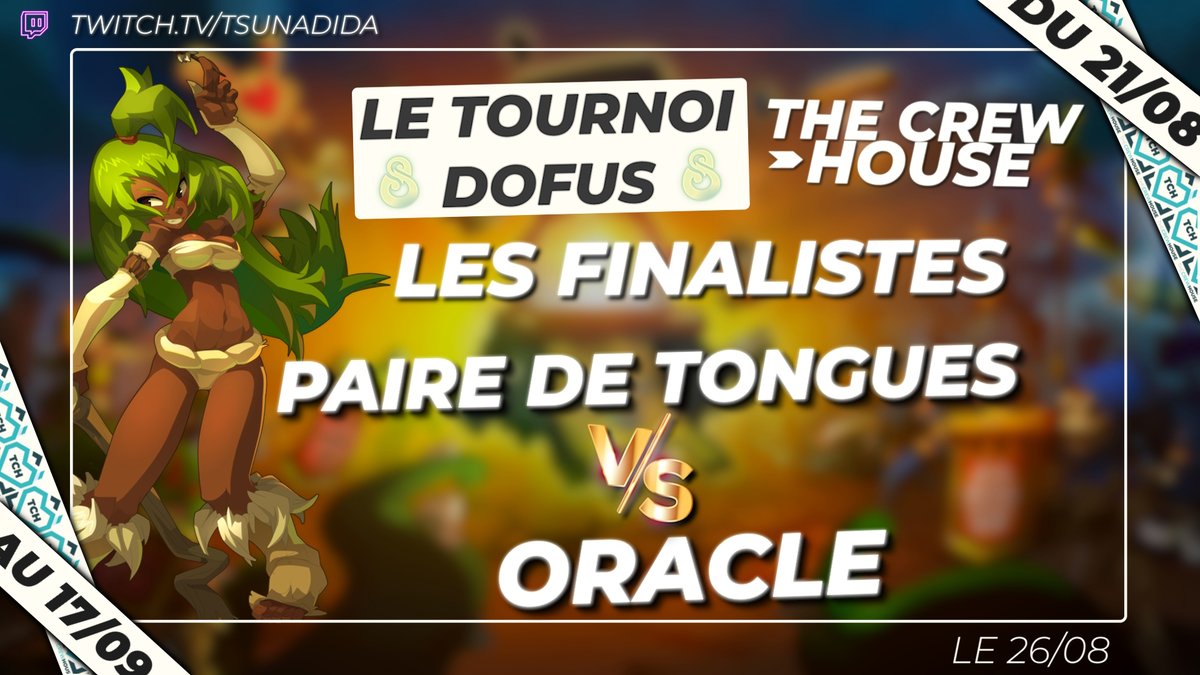 La grande finale de la TCH Cup Dofus c’est aujourd’hui 🏆

Rendez-vous sur ma chaîne twitch à 15h pour suivre l’affrontement entre Paire de Tongues et <a href="/OracleEsport/">Oracle Esport</a> en LAN à la villa ⚔

Merci au @KTA_fr grâce à qui tout est possible💙
