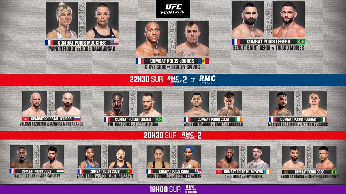 🚨🚨🚨 ÉNORME DINGUERIE !!!

🇫🇷🔥 Voici comment regarder TOUS les combats des Français de l’#UFCParis !!

▪️ 18h00 EN EXCLU gratuitement sur Twitch : Cornolle, Fairn et Lapilus

▪️ 20h30 sur RMC Sport 2 : Charrière, Ghemmouri et Gomis

▪️ 22h30 sur RMC Sport 2 et RMC Découverte :