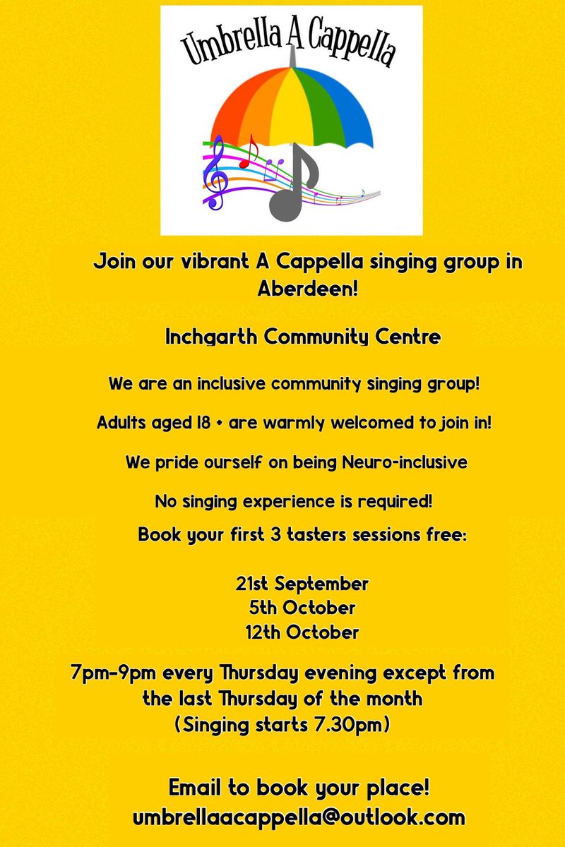 UA_aberdeen's tweet photo. We are so excited to announce Umbrella A Cappella’s START date!☂️🎵

There is no experience required. This is a non judgmental and Neuro-inclusive community group that welcomes all adults 18+ !

Email 
umbrellaacappella@outlook.com to book your 3 free tasters sessions now!!

☂️🎵 https://t.co/VPWtrDZydO