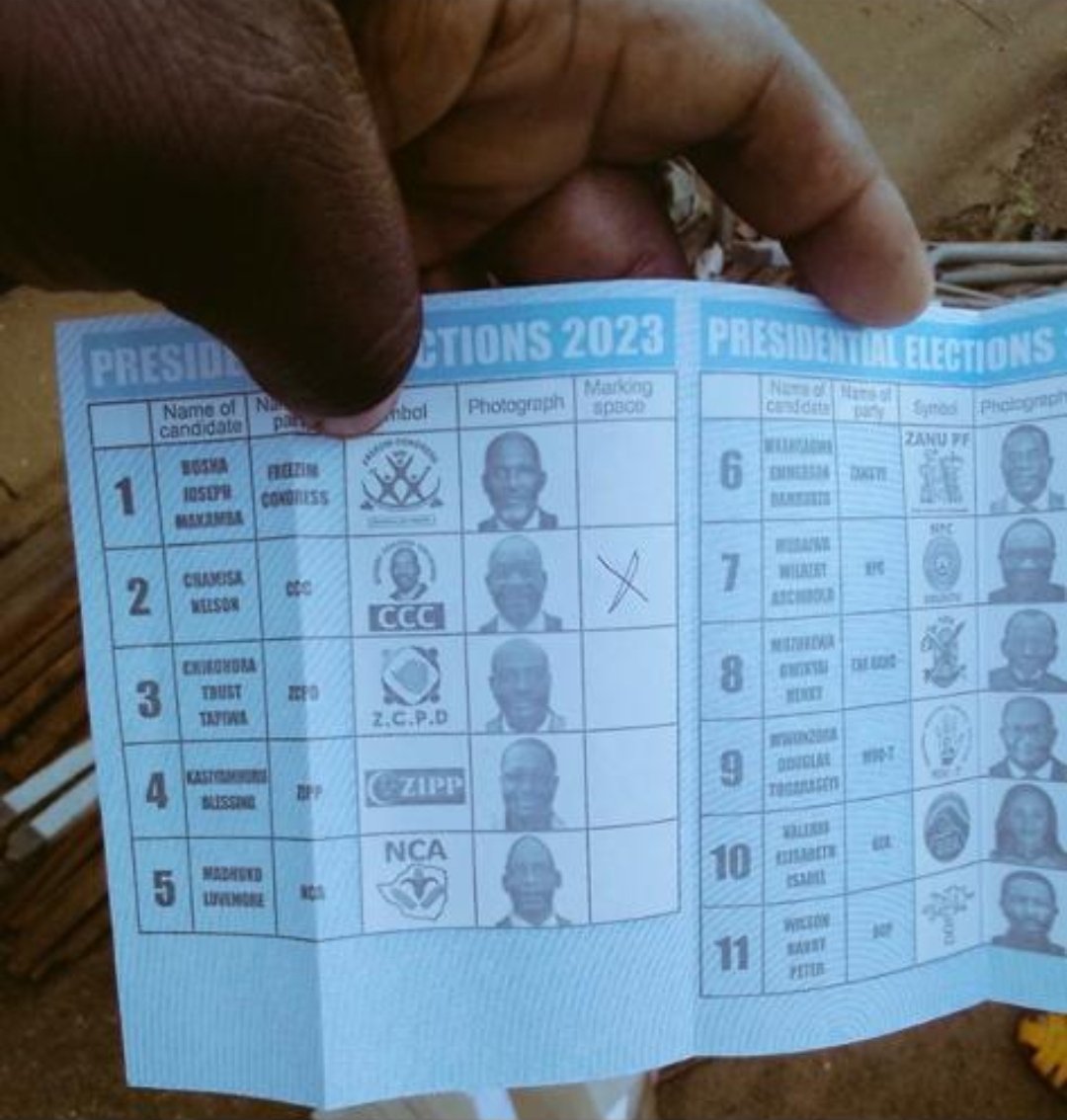 marozvatawanda's tweet photo. Despite unfairly placing ED on top of the right corner and sponsoring their FAZ candidate so that @nelsonchamisa is not on number 1 the @zanupf_patriots supporters still went on to vote for President Elect @nelsonchamisa #bhoramusango #GodIsInIt https://t.co/yqXC34UaJN